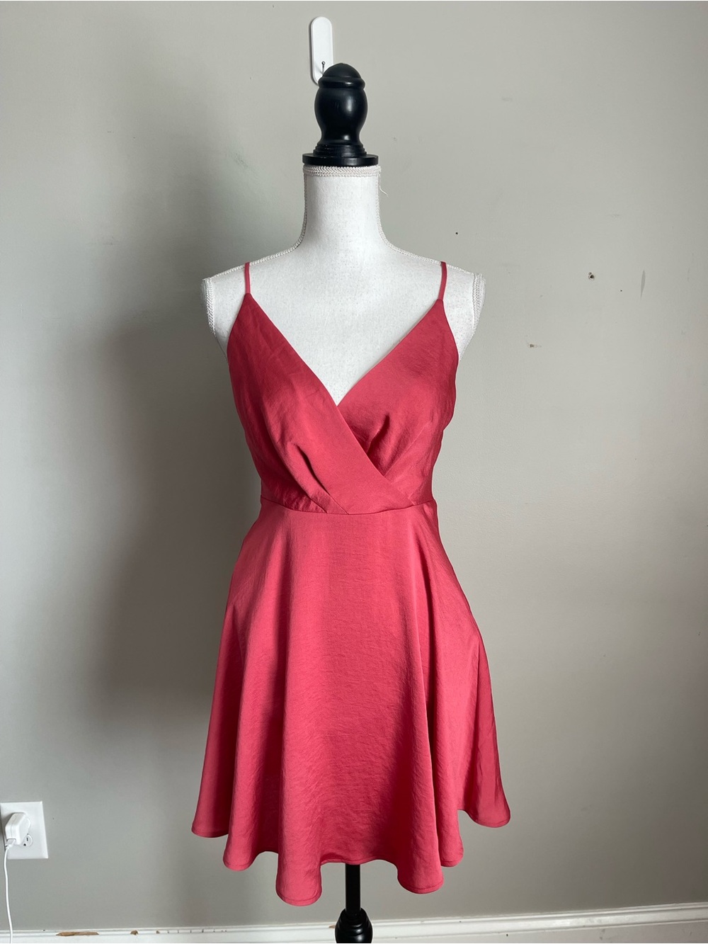 EXPRESS Rose Red Satin Faux Wrap Mini Flare Dress Sz XS